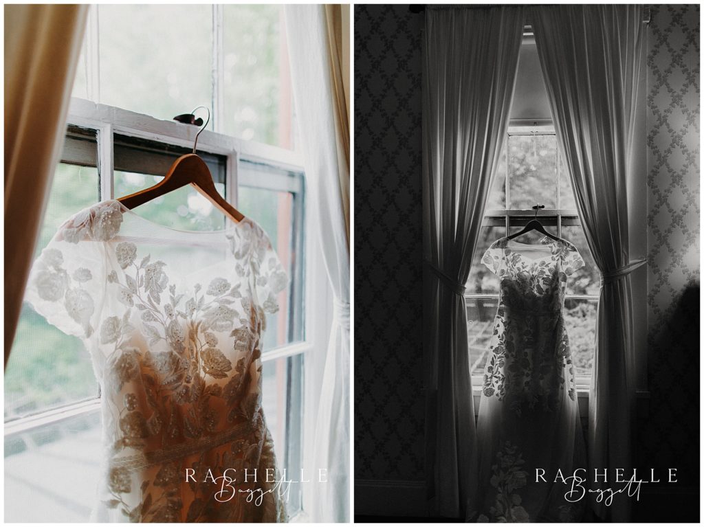 wedding dress hangs in window