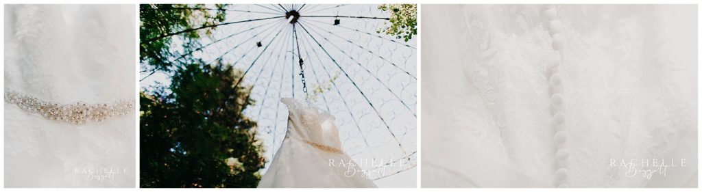 Wedding dress details and hanging from a garden