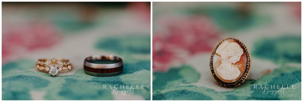wedding rings on fabric and a cameo on fabric
