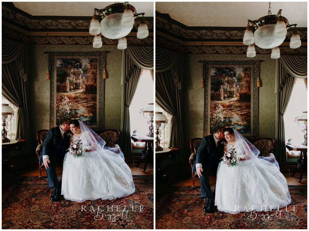 two photos of a bride and groom sitting on a couch