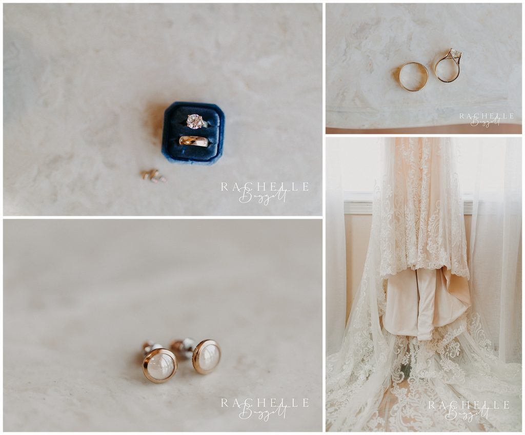 details of rings and wedding dress