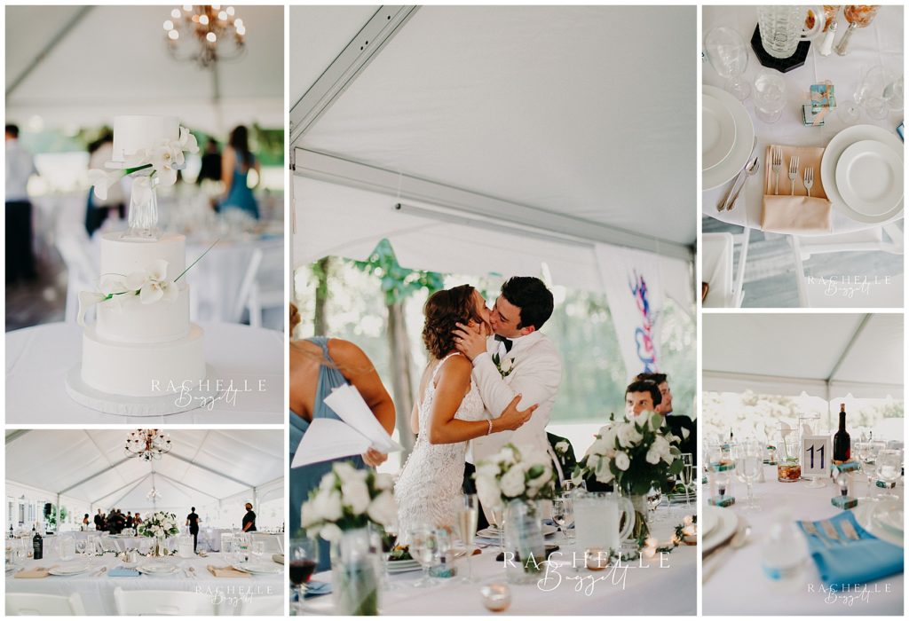 a bride and groom kiss at reception and details of reception at camp tamarack in brighton, michigan