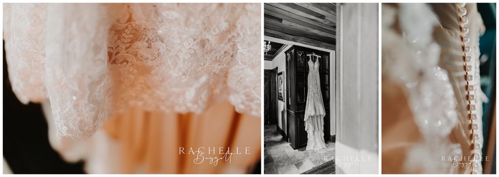 three photos: lace of a wedding dress, a wedding dress hanging on wall, buttons on a dress. 