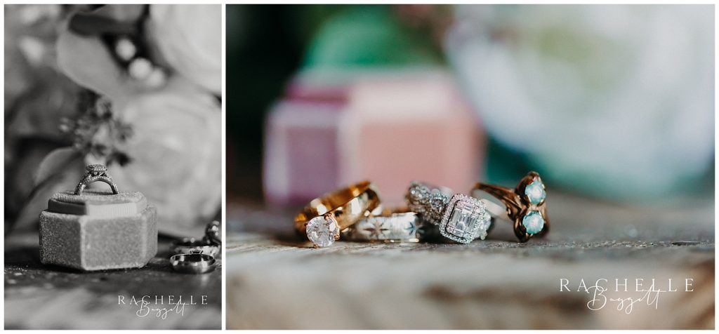 two photos, a ring in a box, and rings stacked on each other. 