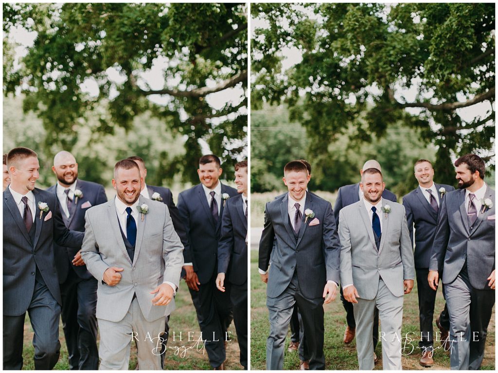 two photos, man walking with group of guys smiling. 