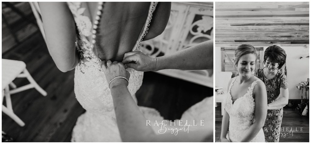 woman helps woman get her wedding dress on.. Evansville Wedding Photographer.