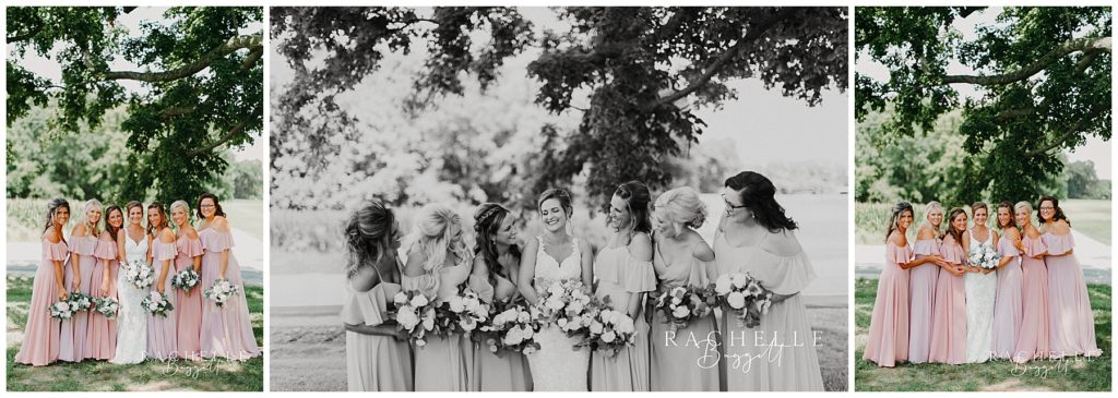 three photos, a group of woman smile at each other in a field and hold flowers. Evansville Wedding Photographer.