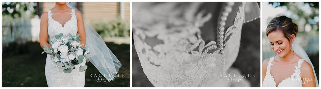 three photos, a bride holds flowers, details and buttons on a bridal gown, a bride smiles. Evansville Wedding Photographer.