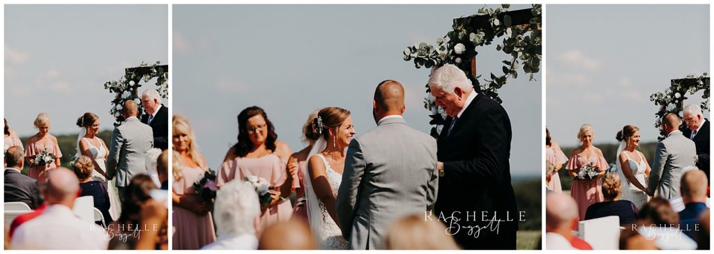 three photos, a bride laughs at the altar, a bride laughs at the altar, a bride laughs at the altar. Evansville Wedding Photographer.