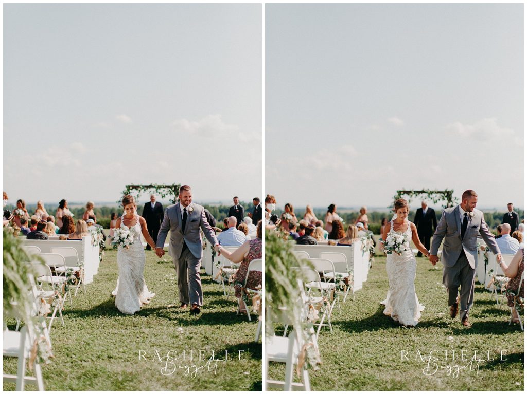 two photos, a bride and groom walk down the aisle. Evansville Wedding Photographer.