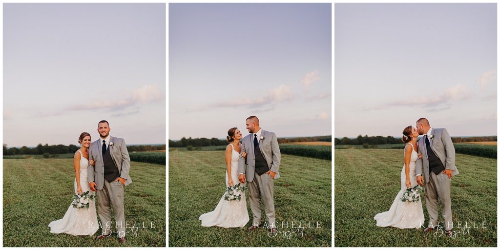 three photos, a man and woman kiss in a field, a man and woman kiss in a field, a man and woman kiss in a field. Evansville Wedding Photographer.