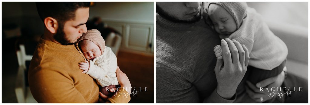 newborn baby girl snuggles in close to her dad, newborn photography session