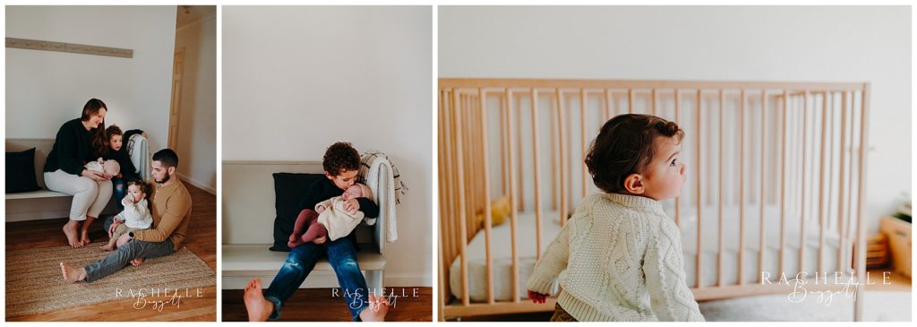 candid family photos of toddlers loving on their new baby sister