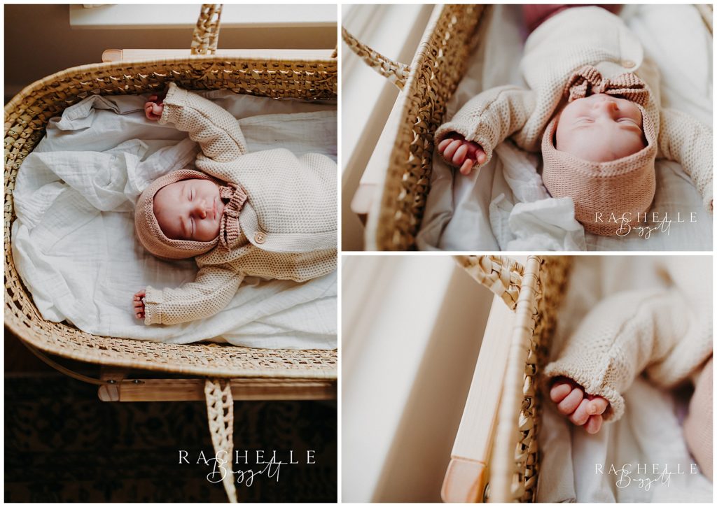 newborn baby girl in bassinet, cozy in-home family session