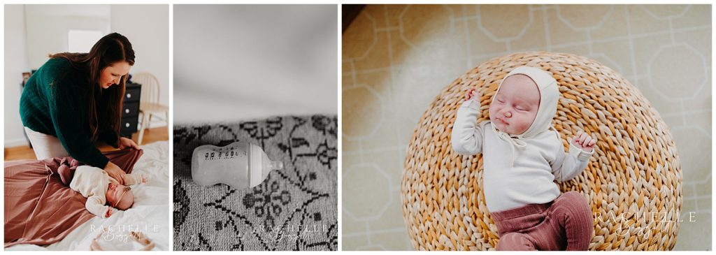 collage of mother and daughter, newborn photos and details of baby paraphernalia 