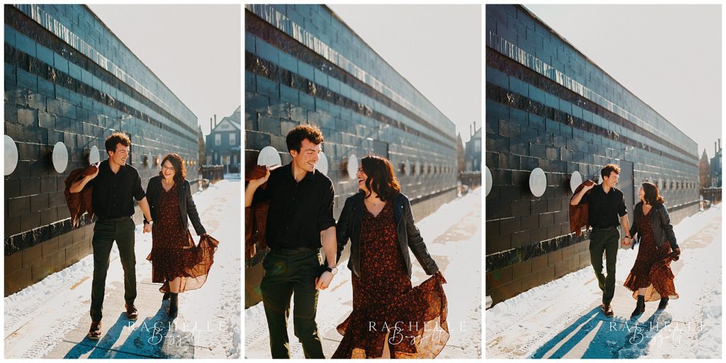 husband and wife walk hand in hand throughout dreamy anniversary session
