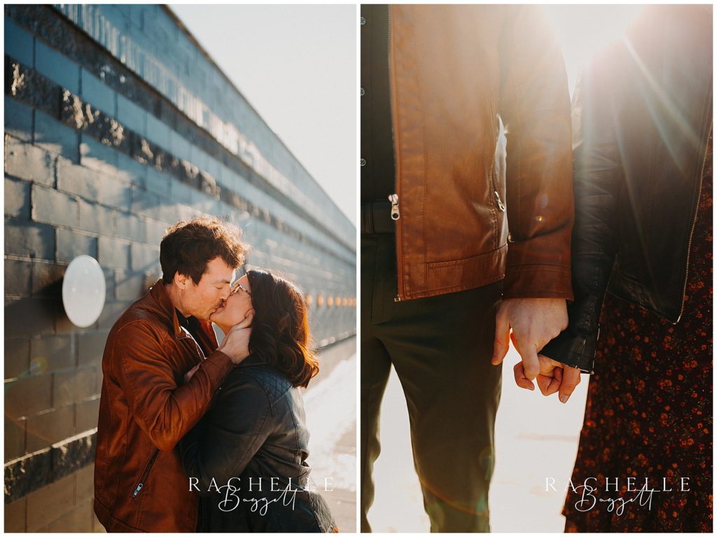 husband and wife kiss and hold hands during their dreamy anniversary session