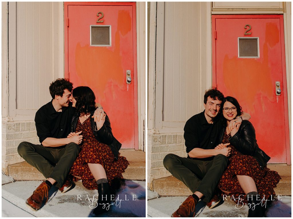 husband and wife snuggle on a doorstep during dreamy anniversary session