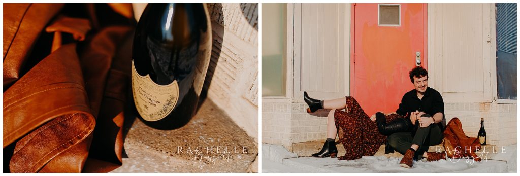husband and wife share a bottle of bubbly during their dreamy anniversary session