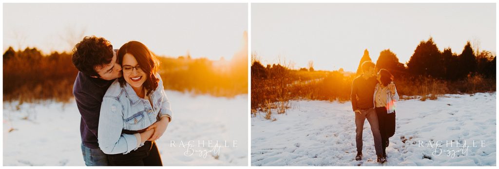 husband and wife walk and embrace in the sunset during their dreamy anniversary session