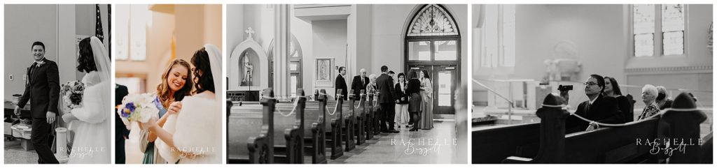 family members of bride and groom gathered around in the cathedral