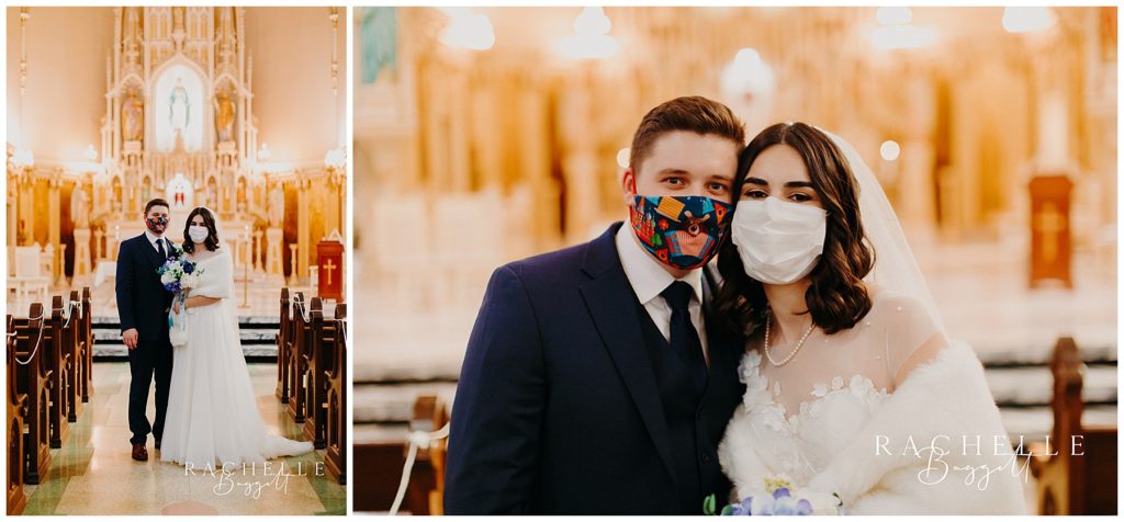 married couple on their wedding day wearing masks