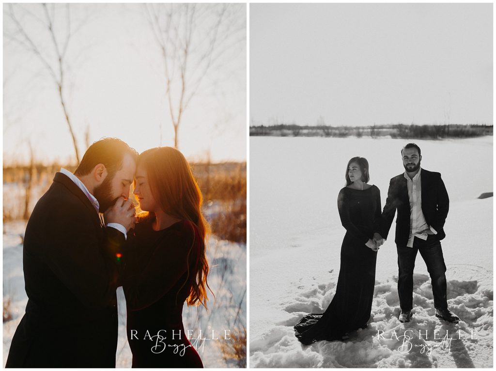 engaged couple pose in the snowy sunrise together