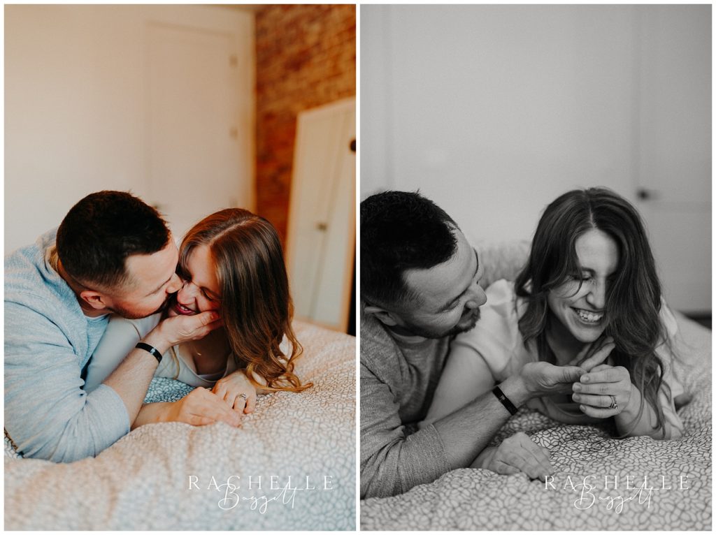 husband sneaks kiss from wife during Downtown Loft Couples Session