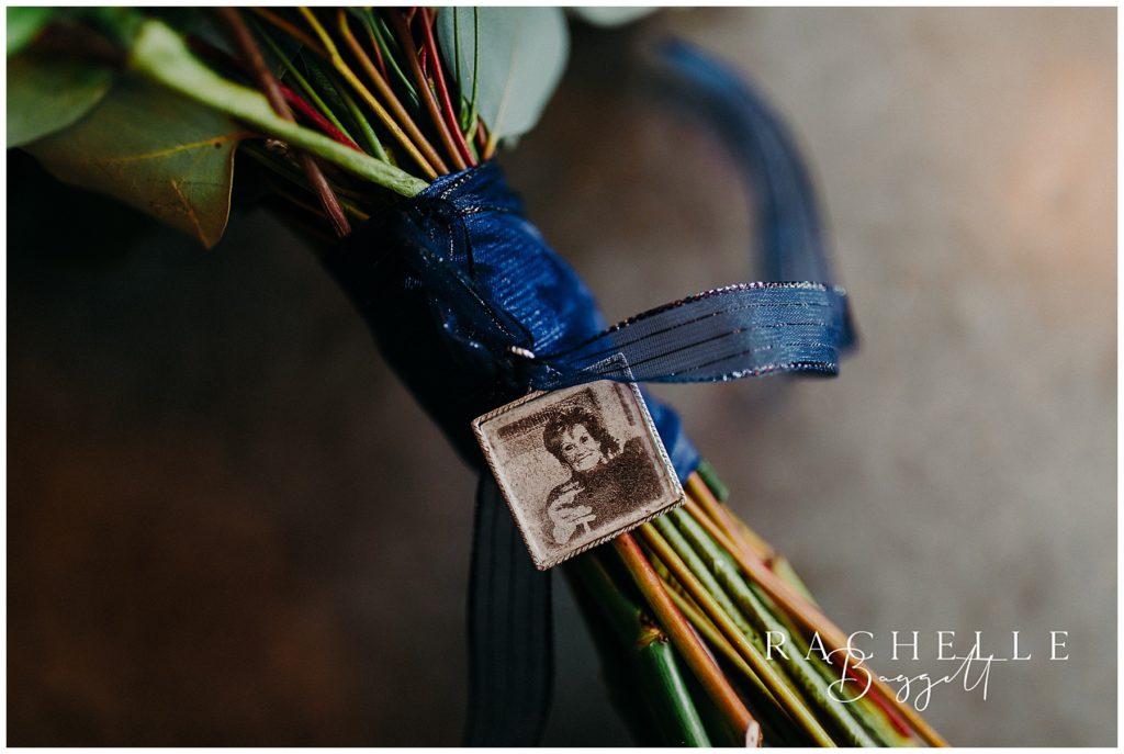 bridal bouquet with photo of loved one on ribbon