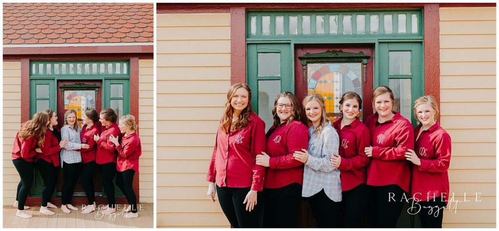bridal party in matching red shirts
