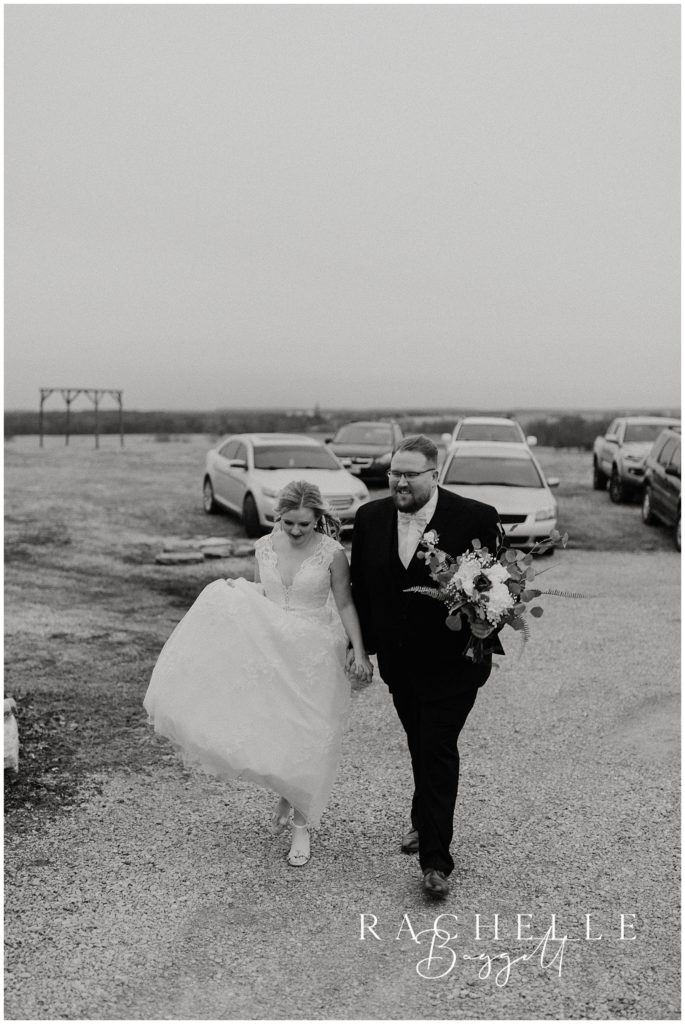 bride and groom walking together after intimate wedding ceremony