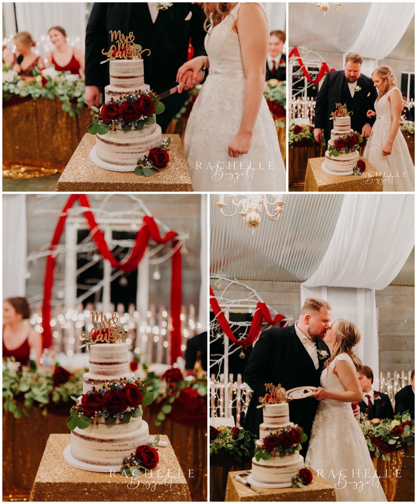 bride and groom cut cake after intimate wedding
