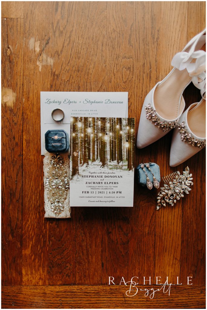 bridal detail shot of shoes and jewelry from elpers snowy wedding