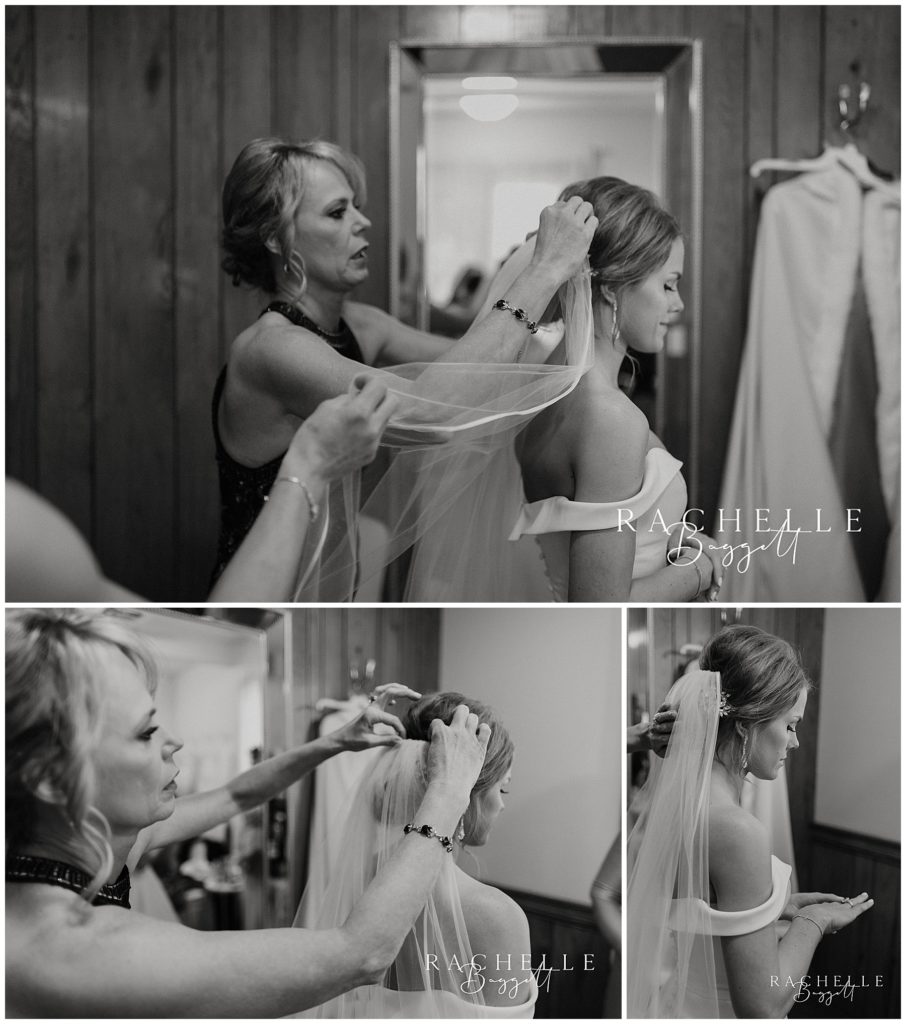 mother helping daughter get ready for wedding