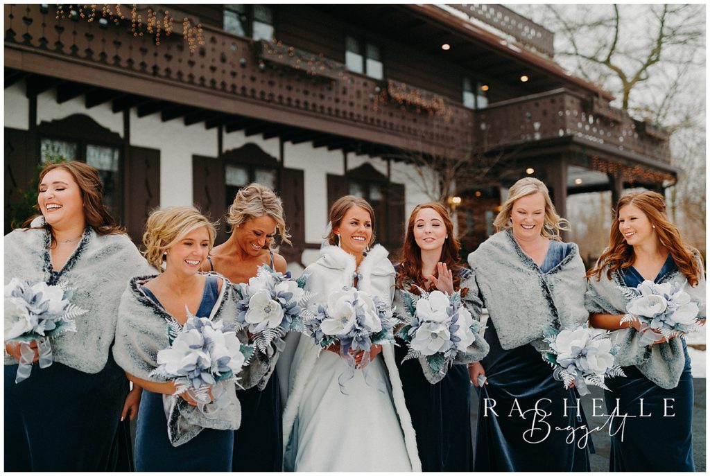 bridal party outdoors in snow