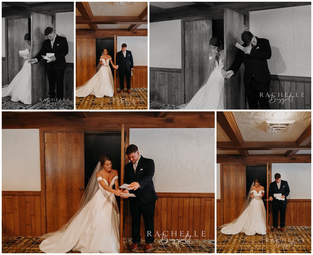 collage of bride and groom reading/exchanging letters