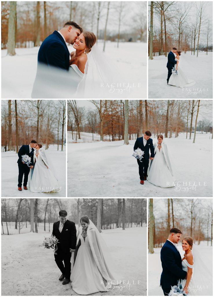 collage of bride and groom in the snow together