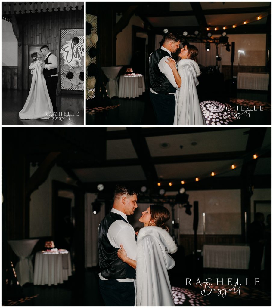 first dance photo collage of elpers snowy wedding