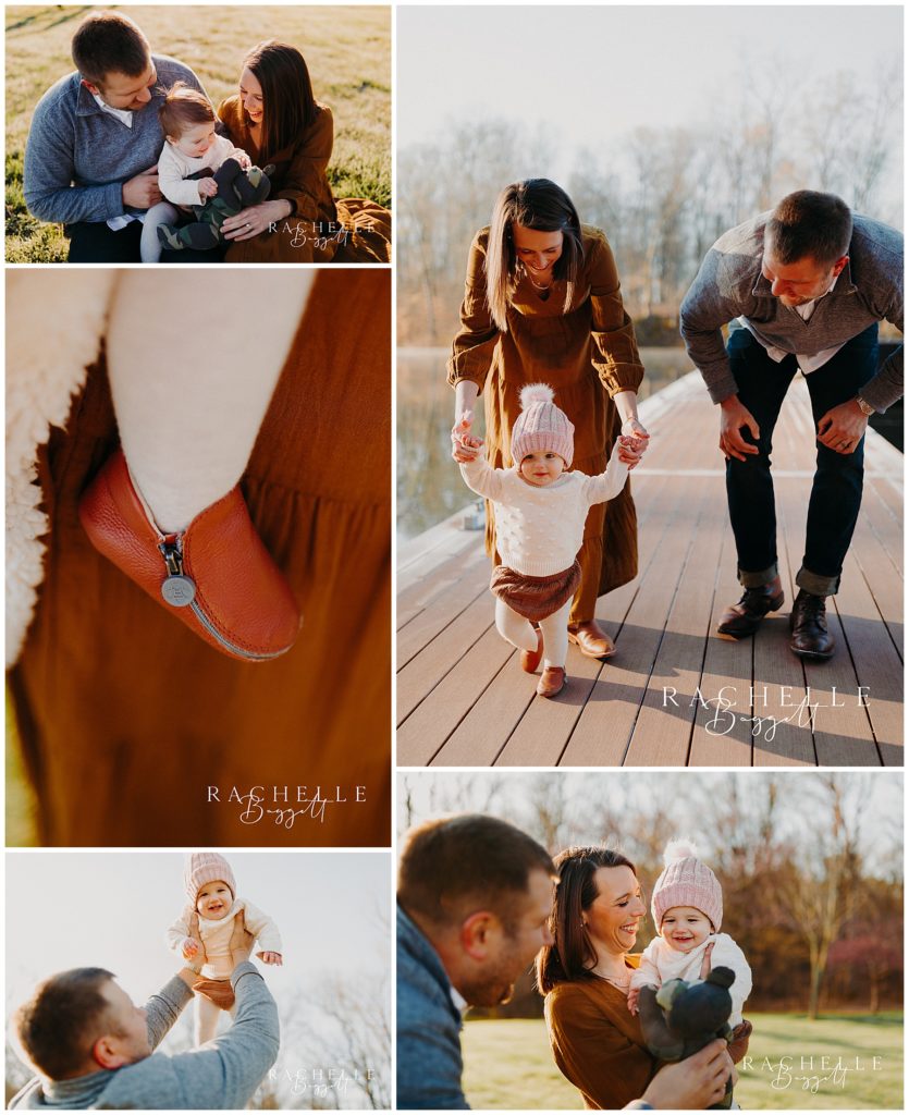 details of cute baby shoes and candid moments during sunrise family session