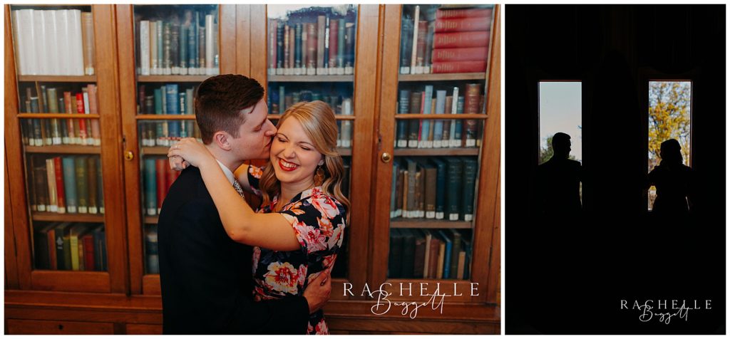 man kisses woman's cheek in intimate Willard Library Engagement Session