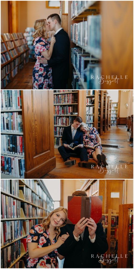 engaged couple kisses during Intimate Willard Library Engagement