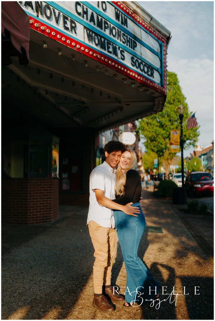 Engagement in Historic Downtown outside movie theatre