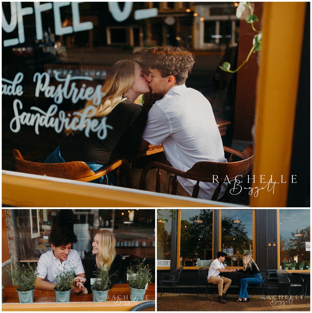 engaged couple at cute coffee shop during Engagement in Historic Downtown