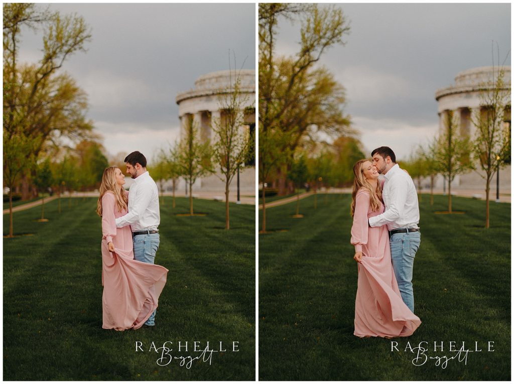 woman twirls dress while her fiance kisses her cheek