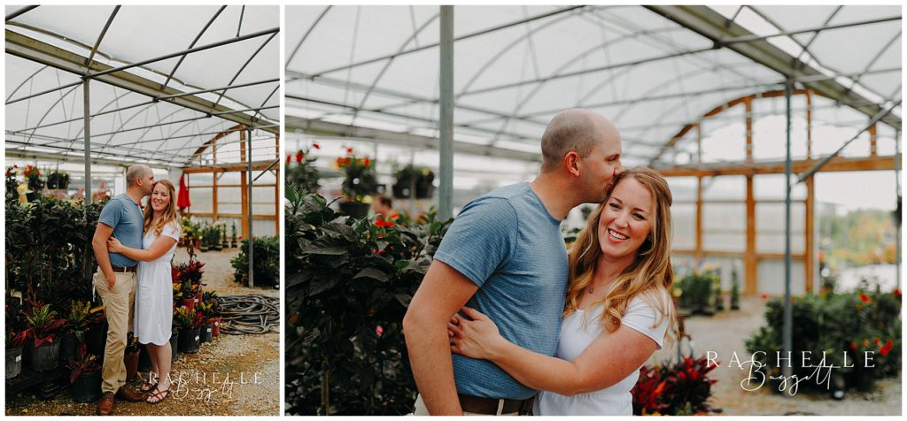 husband and wife embrace in greenhouse nursery during Jonkers Family Mini
