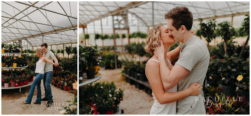 couple kissing inside greenhouse