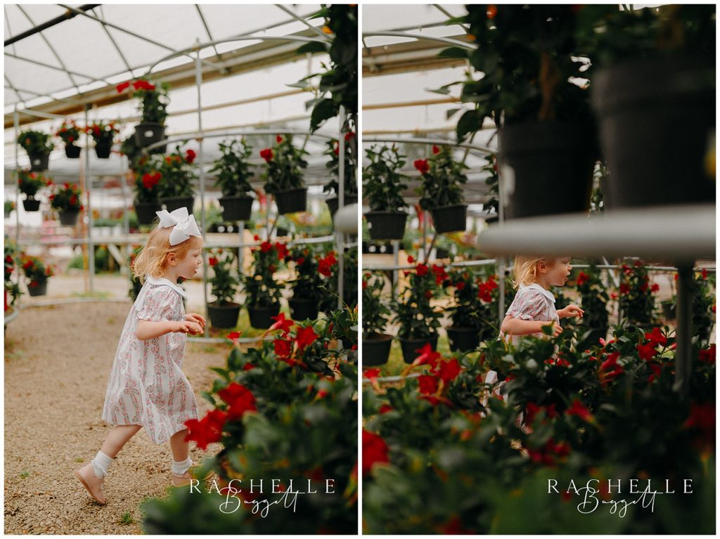 toddler girl takes off running in greenhouse mini session