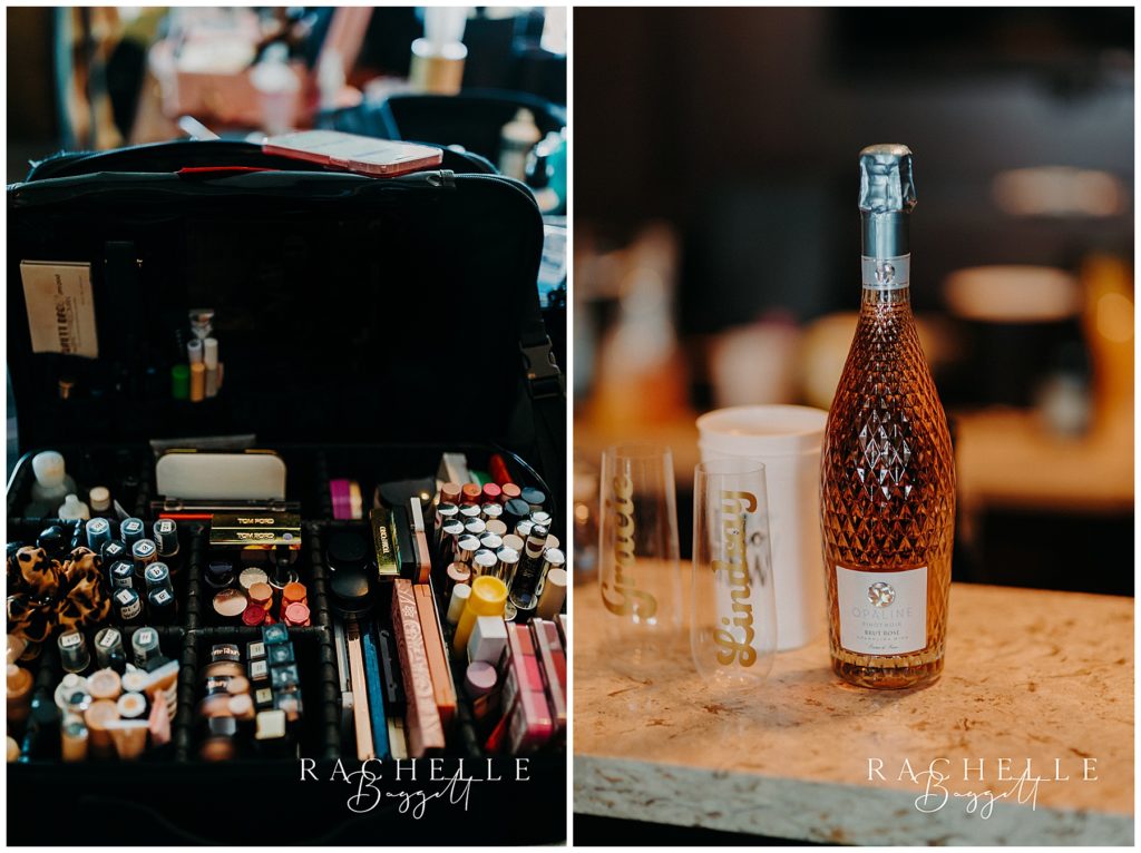 makeup setup and custom bridal cups with champagne