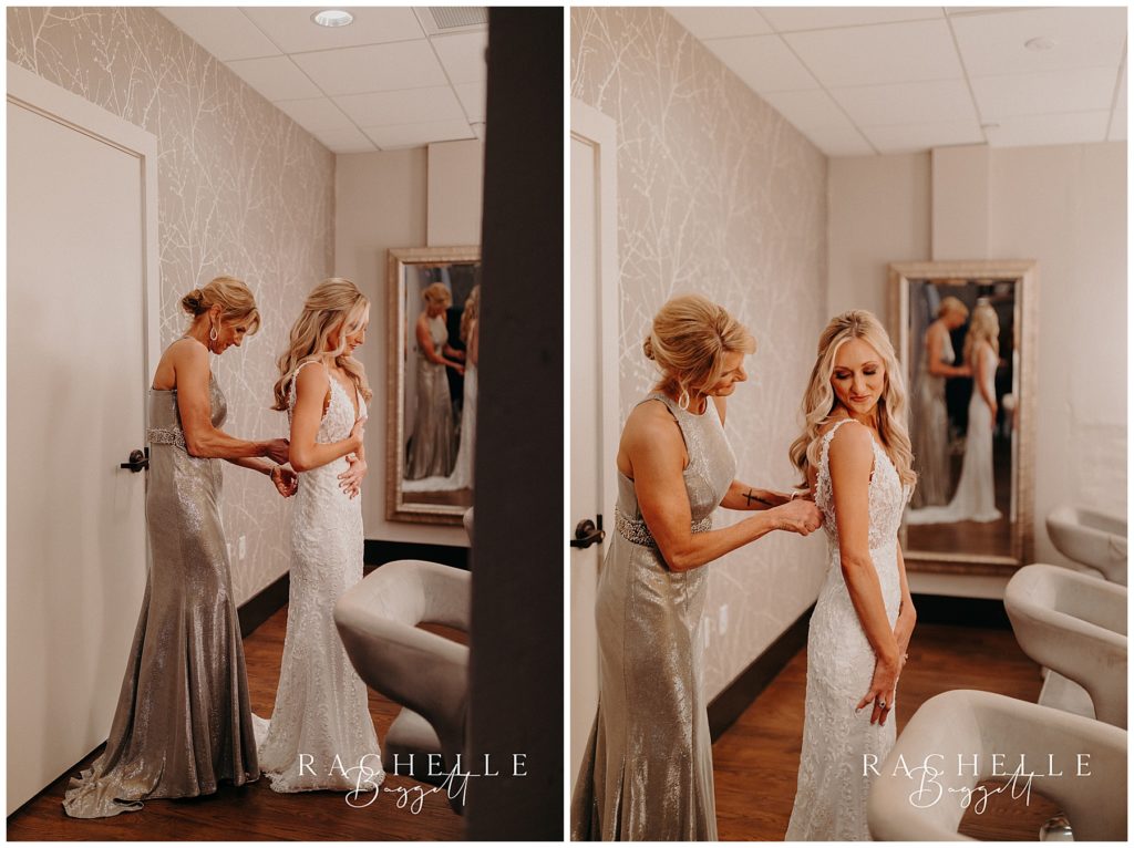 mom helping bride get dressed