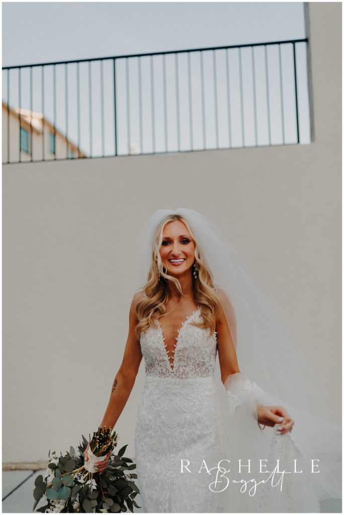 bride smiling outside